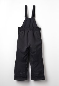 Schwarze wasserdichte Schnee-Overalls mit verstellbaren Trägern, elastischem Bund und verstärkten Bündchen. Hergestellt aus strapazierfähigem Polyestergewebe.