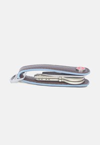 Multi-tool with stainless steel components housed in a textured brown leather case, featuring a light blue lining and a red Swiss emblem.