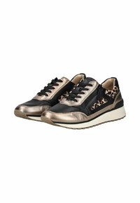 Sneaker neri e in bronzo metallico con dettagli in stampa leopardata, lacci neri, zip laterale e suola bianca su sfondo bianco.
