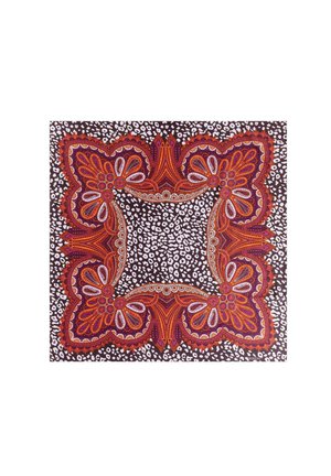 Colorful patterned scarf with a dark brown background, featuring vibrant orange and purple floral designs and white accents.