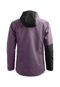 Purple jacket with a black hood, featuring a smooth texture and long sleeves. Logo visible on the left shoulder. Back view shown.