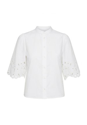 White short-sleeve blouse with mandarin collar, button-down front, and scalloped eyelet lace detailing on sleeves.