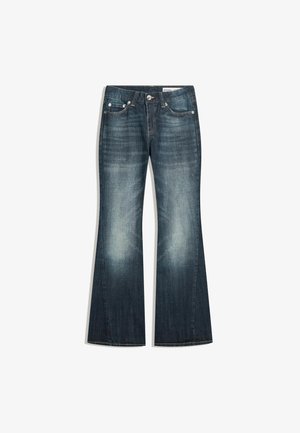 Donkerblauwe bootcut jeans met vervaagde gebieden op de dijen en knieën, ontwerp met vijf zakken en metalen knoopsluiting.