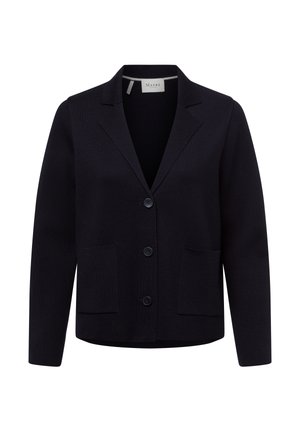 Dunkelblazer mit strukturiertem Design, V-Ausschnitt, drei Knöpfen und zwei Fronttaschen. Glatte Textur und taillierte Passform.