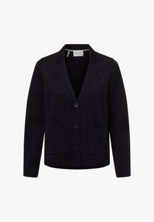 Dunkelblazer mit strukturiertem Design, V-Ausschnitt, drei Knöpfen und zwei Fronttaschen. Glatte Textur und taillierte Passform.