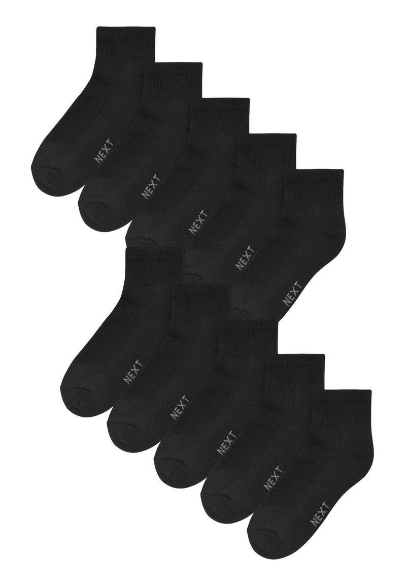 Fekete bokazokni, pamut keverékből, "NEXT" felirattal az oldalon. Tíz darabos csomag, sima textúra, egységes design. Nincsenek minták.
