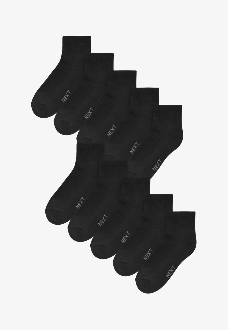 Fekete bokazokni, pamut keverékből, "NEXT" felirattal az oldalon. Tíz darabos csomag, sima textúra, egységes design. Nincsenek minták.
