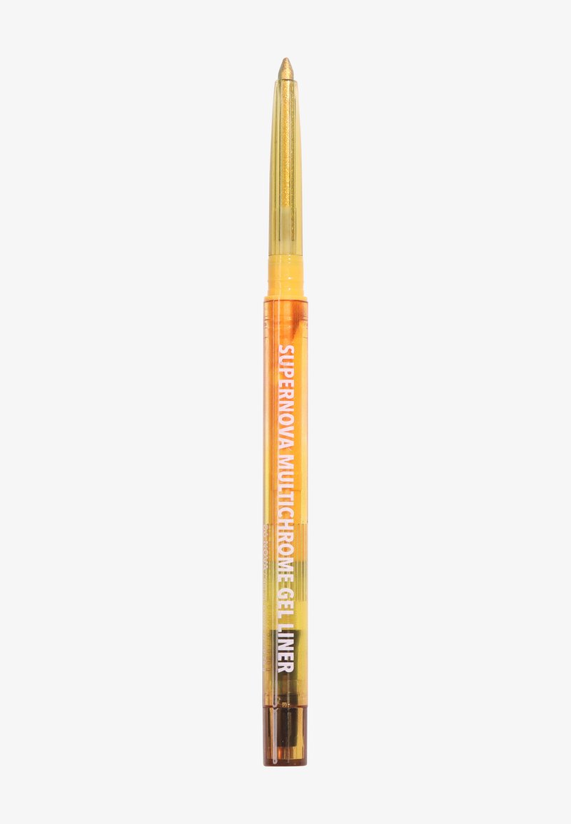 Crayon eyeliner gel multichrome or rétractable avec boîtier transparent orange-jaune portant l'inscription "SUPERNOVA MULTICHROME GEL LINER".