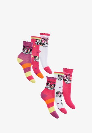 Cuatro pares de calcetines con diseños coloridos. Materiales: tela suave. Colores: rosa, blanco, amarillo, púrpura y naranja. Los patrones incluyen rayas y personajes.