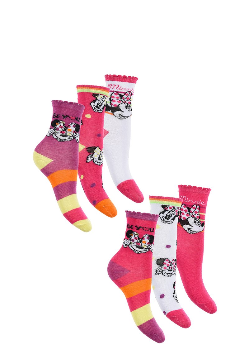 Vier Paar Socken mit bunten Designs. Materialien: weicher Stoff. Farben: rosa, weiß, gelb, lila und orange. Muster umfassen Streifen und Figuren.