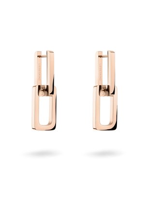 Boucles d'oreilles pendantes en or rose avec des formes rectangulaires et ovales, dotées d'un métal poli au design épuré et moderne, ainsi que d'une marque gravée.
