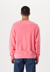 Felpa rosa con una vestibilità morbida, polsini e orlo a costine, materiale in cotone testurizzato e dettagli di cucitura minimi. Vista posteriore mostrata.
