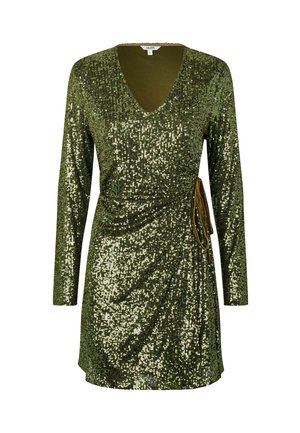 Groene paillettenedress met een V-hals, lange mouwen en een wikkelontwerp. Bevat een zijstrikdetail en een soepele stoftextuur.