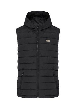 Sort polstret vest med hætte, der har en fuld lynlås foran, to sidelommer og et lille logo-patch på brystet. Glat, quilted tekstur.