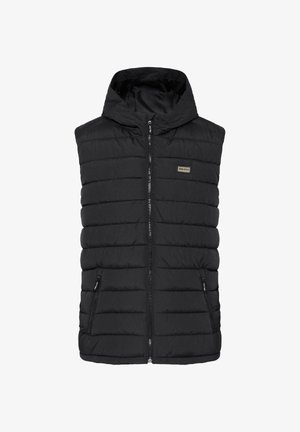 Black padded vest with a hood, featuring a full front zipper, two side pockets, and a small logo patch on the chest. Smooth, quilted texture.
