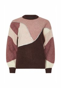 Sweter dziany z kolorowym blokiem w odcieniach różu, burgundu i kremu, z wzorem fal i srebrnymi akcentami.