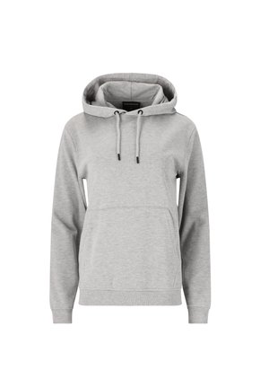 Grijze katoenen sweatshirt met capuchon, lange mouwen en een voorzak in kangoeroestijl. Voorzien van trekkoorden en ribgebreide boorden en onderkant.