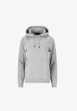 Grå bomullströja med huva, långa ärmar och en frontficka med känguru-design. Har snoddar och ribbade ärmslut och fåll.