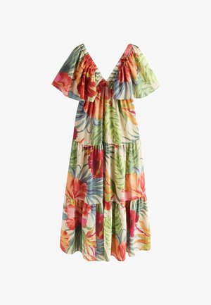 Off-Shoulder-Midikleid mit Stufenrock, mit großem tropischem Blumenprint in Rot, Grün, Orange und Blau auf cremefarbenem Hintergrund.