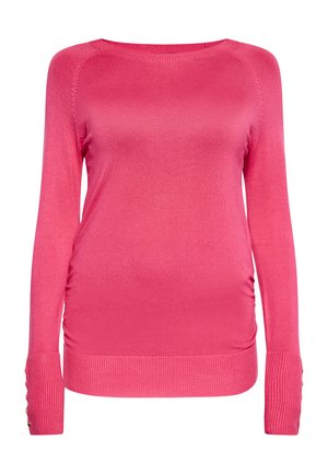 Maglione rosa a maniche lunghe con scollatura rotonda, polsini a coste con bottoni decorativi e dettagli arricciati sui lati. Materiale morbido e elasticizzato.