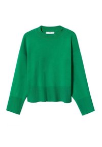 Groene gebreide trui met een ronde halslijn, verlaagde schouders en een cropped zoom. De stof heeft een gladde textuur en een effen kleur.