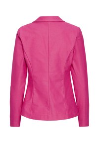 Blazer ajusté pour femme en rose vif avec manches longues et coutures structurées, montré de dos sur fond blanc.
