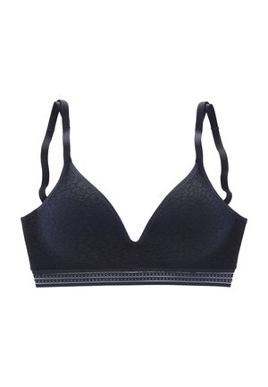 Marineblaue Spitzen-Bralette mit einem tiefen V-Ausschnitt, verstellbaren Trägern und einem strukturierten Bund mit einem dekorativen Muster.