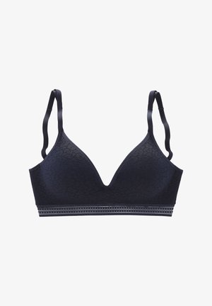 Marineblaue Spitzen-Bralette mit einem tiefen V-Ausschnitt, verstellbaren Trägern und einem strukturierten Bund mit einem dekorativen Muster.