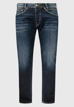 Pantalones vaqueros de mezclilla azul oscuro con un corte recto, que cuentan con cinco bolsillos, costuras de cobre y un cierre de botón en la cintura.