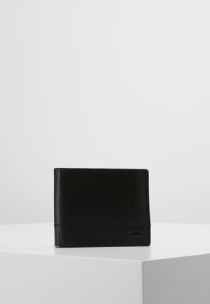 Black leather wallet with a simple design, featuring a stitched seam detail and a logo accent on one side. Compact rectangular shape.