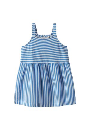 Robe rayée avec des rayures horizontales bleues et blanches, design sans manches, jupe froncée et encolure ronde. Fabriquée en tissu léger.