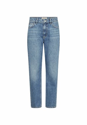 Jeans aus blauem Denim mit geradem Bein, vorn mit Knopf und Reißverschluss, Gürtelschlaufen und Fünf-Taschen-Design.