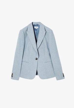 Lichtblauw op maat gemaakte blazer van gestructureerde stof, met een notch lapel, enkele knoopsluiting en twee voorzakken met gedetailleerde stiksels.