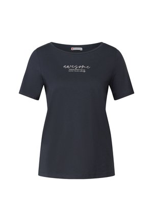 Navyblauwe t-shirt met korte mouwen van katoen, met een witte scriptprint op de voorkant. Ronde halslijn met een ontspannen pasvorm.