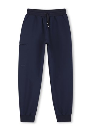 Pantalon de jogging bleu marine avec taille élastique, cordon de serrage, poches latérales, chevilles resserrées et petit logo sur la cuisse gauche.
