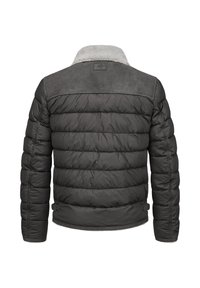 Schwarze gepolsterte Jacke mit grauem Wildleder-Schulterbesatz und weichem grauem Pelzkragen, mit gestepptem Design und verstellbaren Taillenknöpfen.