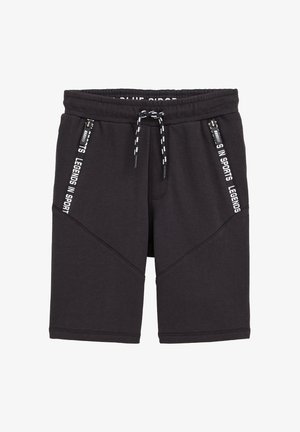 Črne športne kratke hlače iz mehkega materiala, z elastičnim pasom, prilagodljivo vrvico, žepi z zadrgo ob straneh in logotipom.
