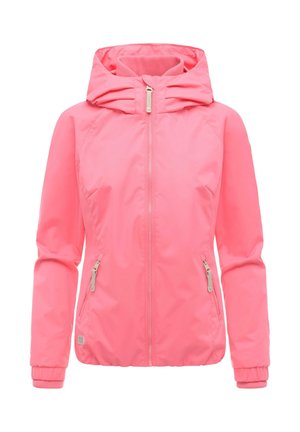 Veste à capuche rose avec fermeture éclair à l'avant, manches longues, poignets côtelés et deux poches latérales zippées, présentée sur fond blanc.