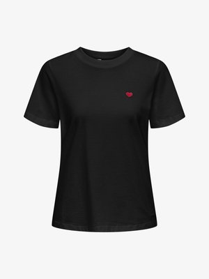 Czarny bawełniany t-shirt z okrągłym dekoltem, krótkimi rękawami i małym, czerwonym sercem wyhaftowanym na lewej klatce piersiowej.