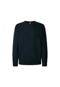 Tamsiai žalias megztinis su apvalia iškirpte, su reljefiniu logotipo ornamentu priekyje ir gysliniu apačiu bei rankovėmis.