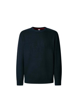 Maglione lavorato a maglia verde scuro con scollatura rotonda, caratterizzato da dettagli del logo in rilievo sul fronte e orlo e polsini a costine.
