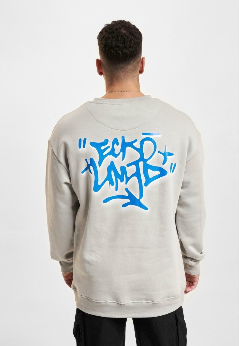 Sudadera de gran tamaño en gris claro hecha de algodón. Presenta un gran texto en graffiti azul en la parte posterior y puños y dobladillo de canalé.