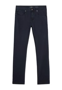 Jeans dritti di colore blu navy scuro realizzati in denim, con un classico design a cinque tasche e accessori in tono argento. Texture liscia, senza fantasie.