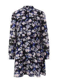 Svart klänning med blå och vita blommönster, långa ärmar, hög krage, elastisk midja och en flytande silhuett.
