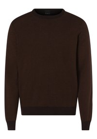 Brauner Pullover mit strukturiertem Strickdesign, Rundhalsausschnitt sowie gerippten Bündchen und Saum. Hergestellt aus weichem Stoff mit bequemer Passform.