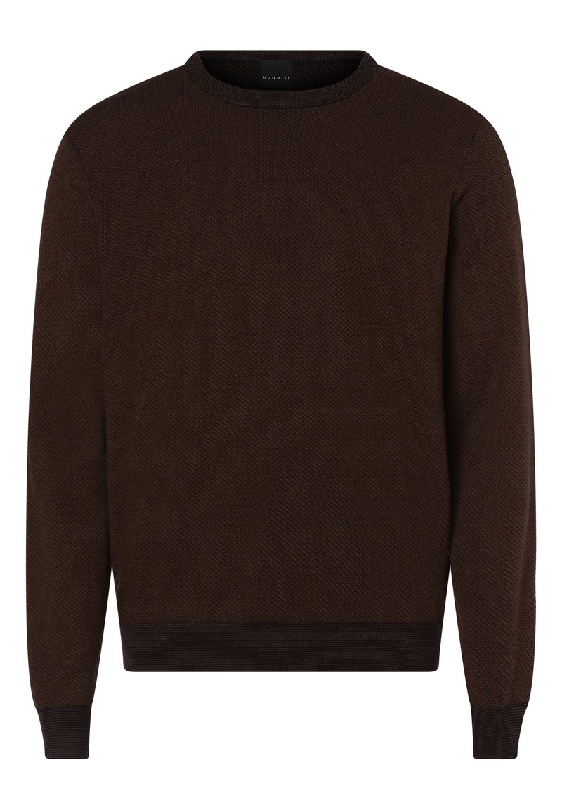 Brauner Pullover mit strukturiertem Strickdesign, Rundhalsausschnitt sowie gerippten Bündchen und Saum. Hergestellt aus weichem Stoff mit bequemer Passform.