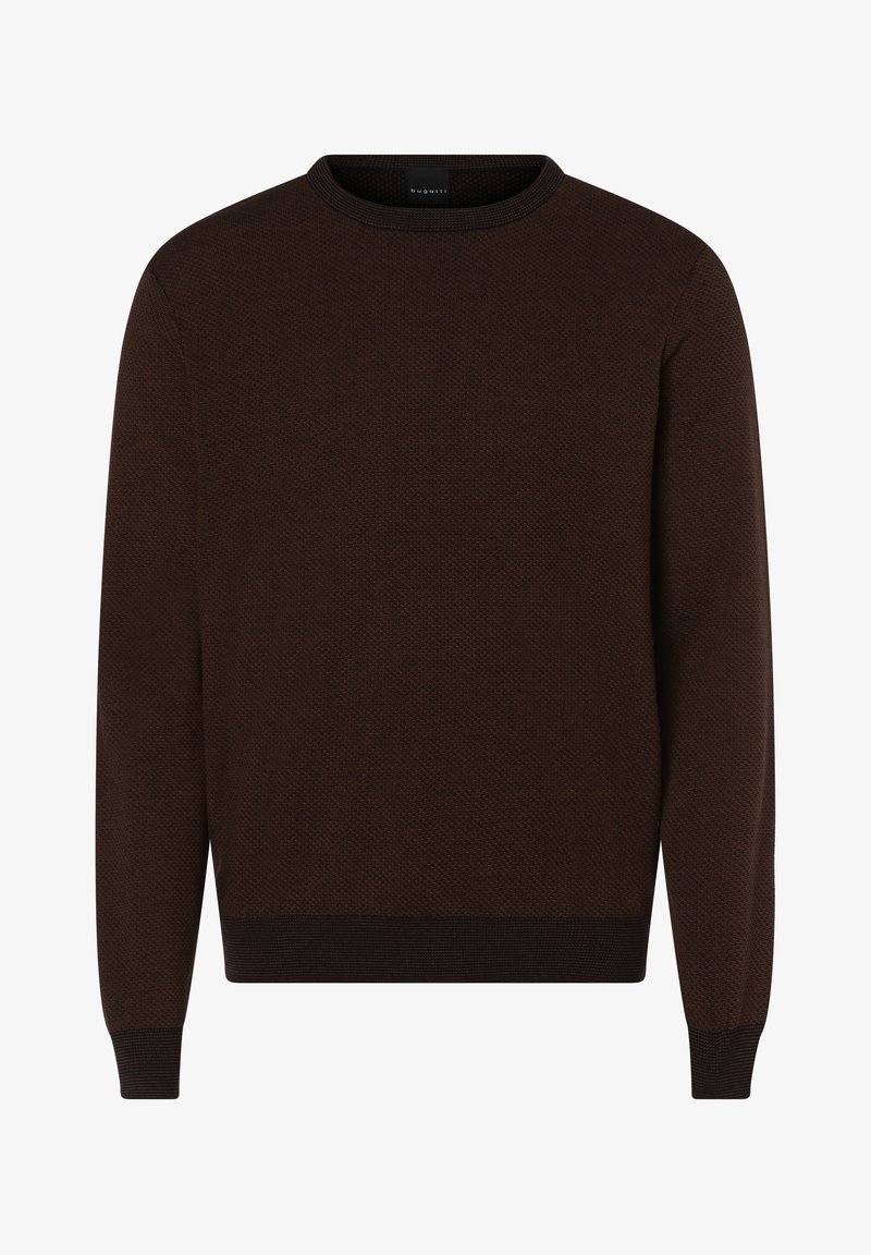 Brauner Pullover mit strukturiertem Strickdesign, Rundhalsausschnitt sowie gerippten Bündchen und Saum. Hergestellt aus weichem Stoff mit bequemer Passform.