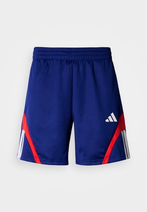 Shorts de sport bleus avec des accents de panneaux diagonaux rouges et blancs ; taille élastique ; fabriqués en tissu léger et lisse ; comprend un logo.