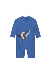 Combinaison de plongée à manches courtes bleue avec un design de baleine et de bouée de sauvetage. Fabriquée en matériau extensible, elle dispose d'une fermeture éclair au dos et d'un ajustement serré.