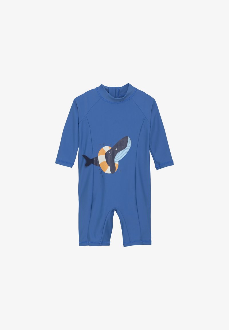 Blauwe wetsuit met korte mouwen, voorzien van een ontwerp met een walvis en een reddingsboei. Gemaakt van rekbaar materiaal, met een ritssluiting aan de achterkant en een snug fit.